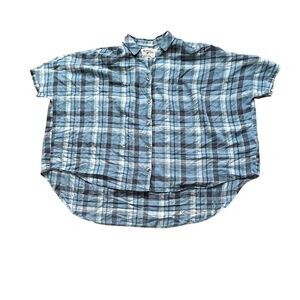 ANTHROPOLOGIE HOLDING HORSES Blue Halsey Plaid Oversized Short Sleeve Top XS